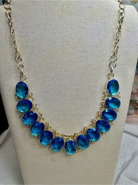 Sterling Silver Necklace with  Blue Art Glass Oval Stones